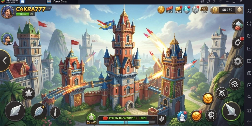 Tampilan gameplay seru di CAKRA777 dengan aksi pertahanan menara.
