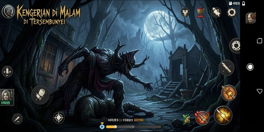 Tampilan gameplay yang menegangkan di dunia horor yang gelap.