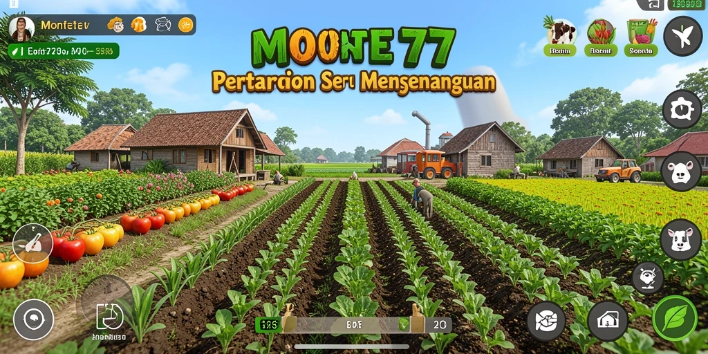 Tampilan gameplay MONTE77 yang menampilkan kebun yang hijau dan hewan ternak.