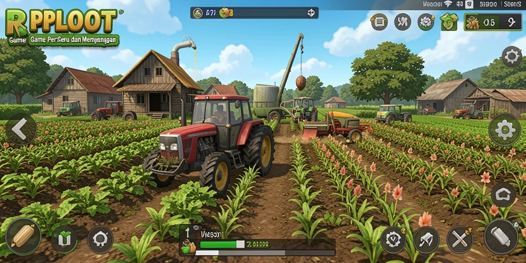 Tampilan gameplay RPLOOT dengan ladang yang subur dan tanaman yang beragam.