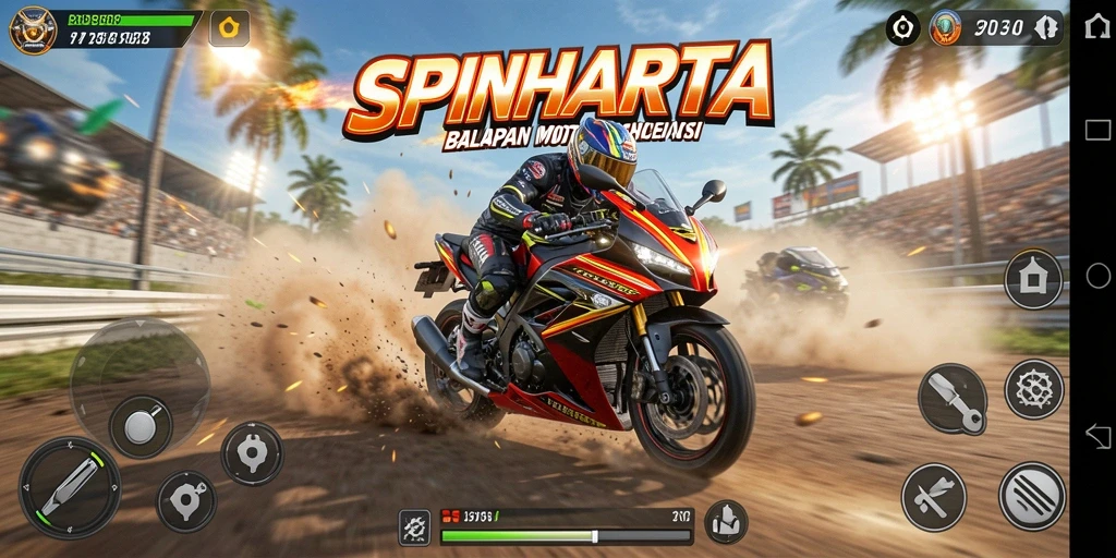 Gameplay seru SPINHARTA dengan balapan motor yang mendebarkan.