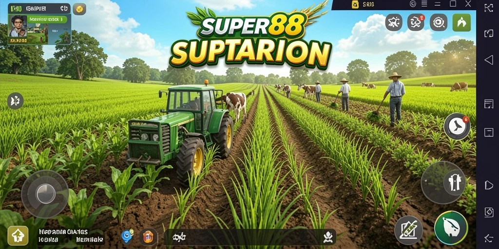 Tangkapan layar SUPER88 menampilkan aktivitas pertanian yang interaktif dan menarik.