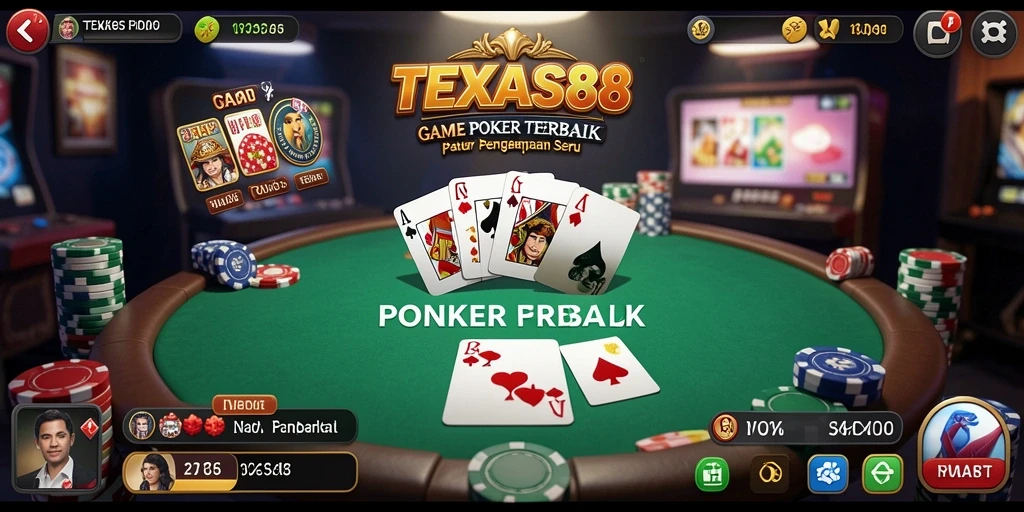 Tampilan gameplay seru TEXAS88 dengan suasana poker yang mendebarkan.